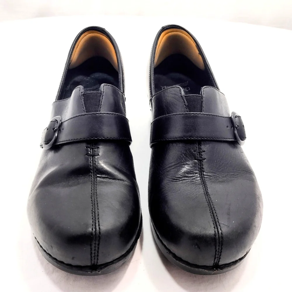 Dansko Tamara Black Leather Slip-On Clogs With Adjustable Strap - Picture 3 of 16